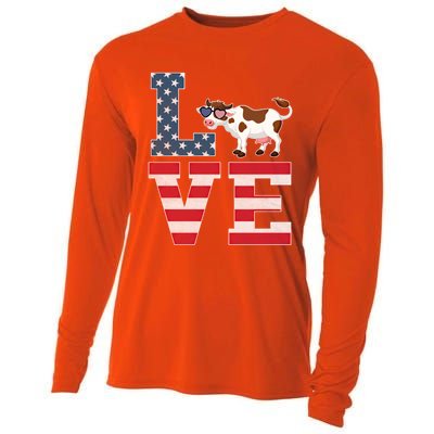 4th Of July Decor Patriotic Love Cow American Flag Cute Gift Cooling Performance Long Sleeve Crew