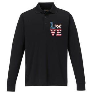 4th Of July Decor Patriotic Love Cow American Flag Cute Gift Performance Long Sleeve Polo