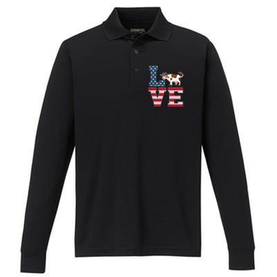 4th Of July Decor Patriotic Love Cow American Flag Cute Gift Performance Long Sleeve Polo