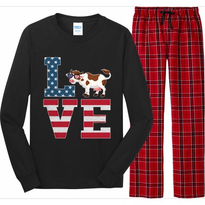 4th Of July Decor Patriotic Love Cow American Flag Cute Gift Long Sleeve Pajama Set