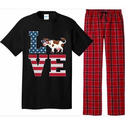 4th Of July Decor Patriotic Love Cow American Flag Cute Gift Pajama Set