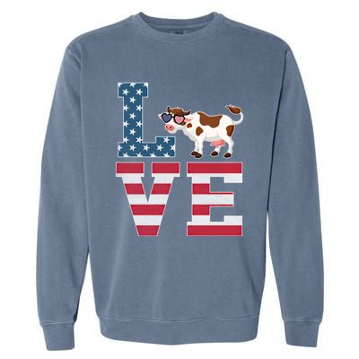 4th Of July Decor Patriotic Love Cow American Flag Cute Gift Garment-Dyed Sweatshirt