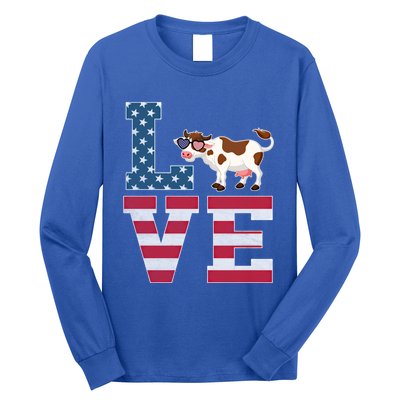 4th Of July Decor Patriotic Love Cow American Flag Cute Gift Long Sleeve Shirt