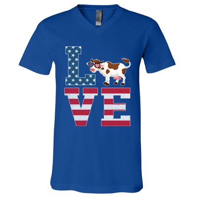 4th Of July Decor Patriotic Love Cow American Flag Cute Gift V-Neck T-Shirt