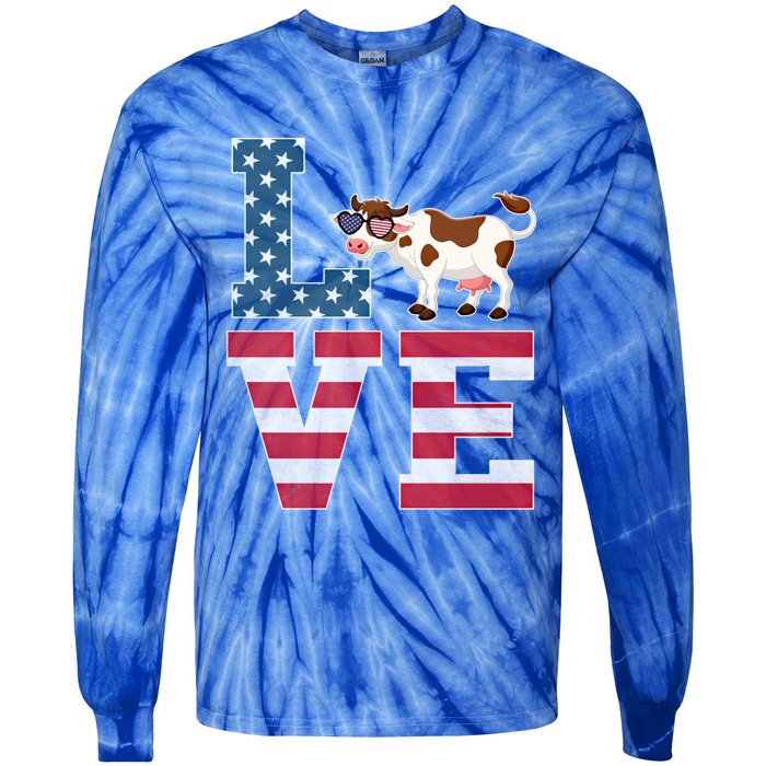 4th Of July Decor Patriotic Love Cow American Flag Cute Gift Tie-Dye Long Sleeve Shirt