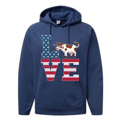 4th Of July Decor Patriotic Love Cow American Flag Cute Gift Performance Fleece Hoodie