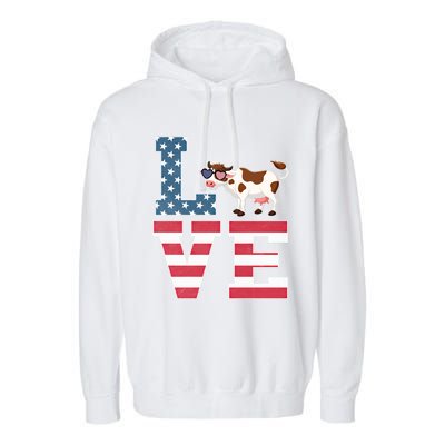 4th Of July Decor Patriotic Love Cow American Flag Cute Gift Garment-Dyed Fleece Hoodie