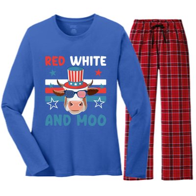 4th Of July Design Moorica Highland Cow Usa Patriotic Cow Gift Women's Long Sleeve Flannel Pajama Set 