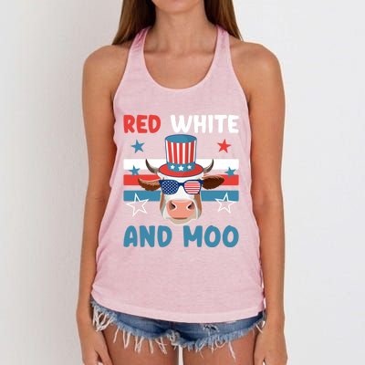 4th Of July Design Moorica Highland Cow Usa Patriotic Cow Gift Women's Knotted Racerback Tank