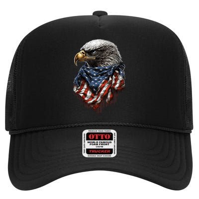 4th Of July Bald Eagle American US Flag Country 4th Of July High Crown Mesh Back Trucker Hat