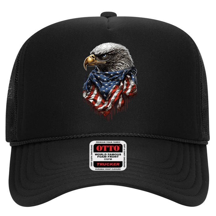 4th Of July Bald Eagle American US Flag Country 4th Of July High Crown Mesh Back Trucker Hat