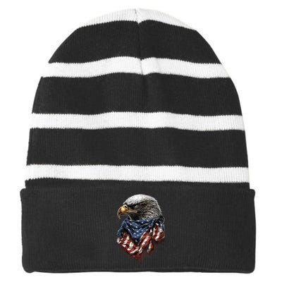 4th Of July Bald Eagle American US Flag Country 4th Of July Striped Beanie with Solid Band