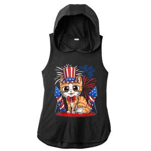 4th Of July Patriotic Cat Funny American Flag Meowica Cute Ladies PosiCharge Tri-Blend Wicking Draft Hoodie Tank