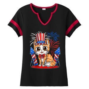 4th Of July Patriotic Cat Funny American Flag Meowica Cute Ladies Halftime Notch Neck Tee