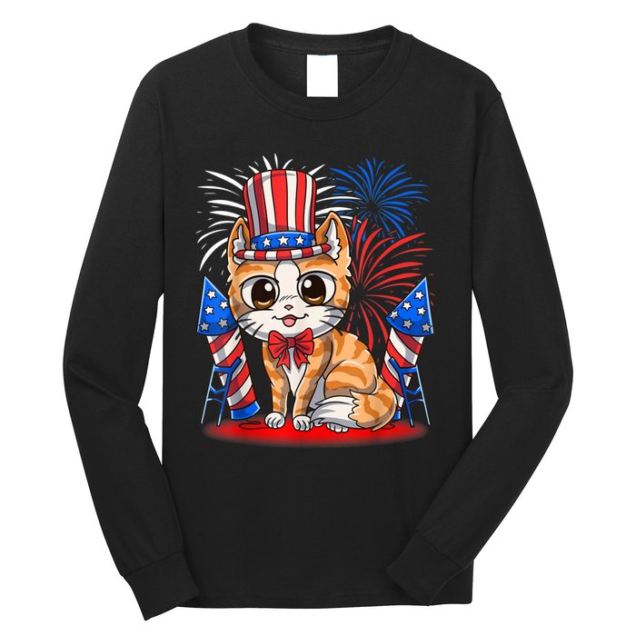 4th Of July Patriotic Cat Funny American Flag Meowica Cute Long Sleeve Shirt