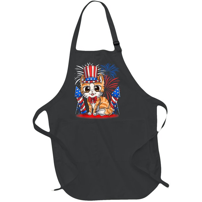 4th Of July Patriotic Cat Funny American Flag Meowica Cute Full-Length Apron With Pockets