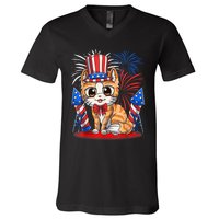 4th Of July Patriotic Cat Funny American Flag Meowica Cute V-Neck T-Shirt