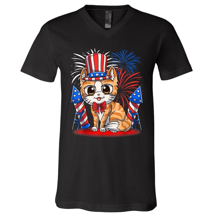 4th Of July Patriotic Cat Funny American Flag Meowica Cute V-Neck T-Shirt