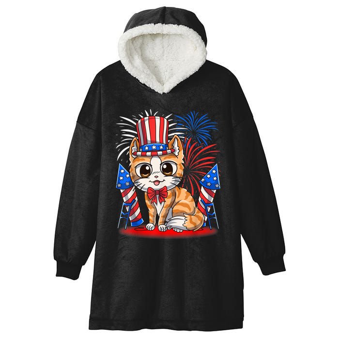 4th Of July Patriotic Cat Funny American Flag Meowica Cute Hooded Wearable Blanket