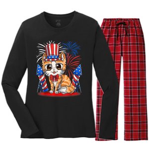 4th Of July Patriotic Cat Funny American Flag Meowica Cute Women's Long Sleeve Flannel Pajama Set 