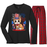 4th Of July Patriotic Cat Funny American Flag Meowica Cute Women's Long Sleeve Flannel Pajama Set 