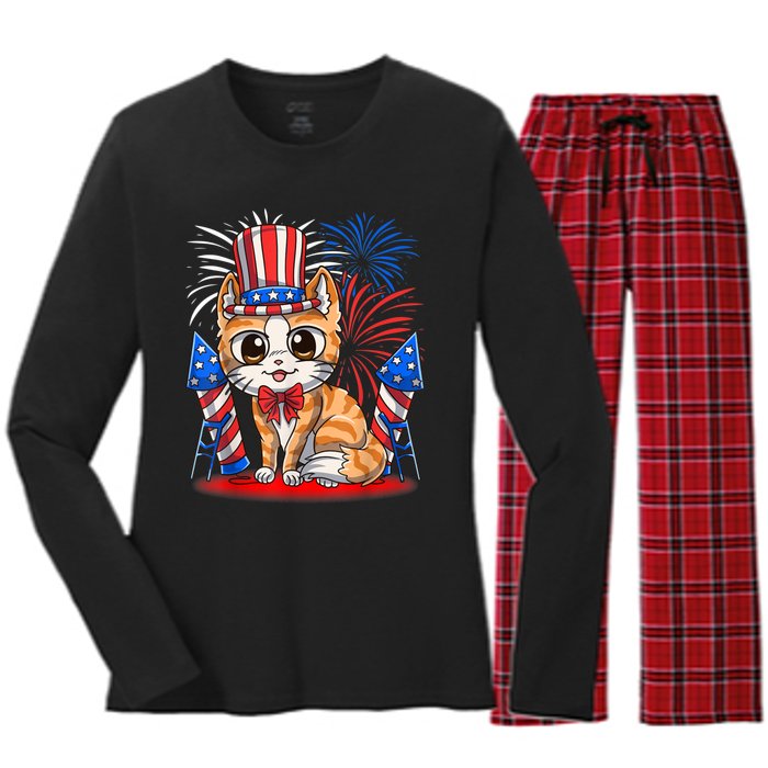 4th Of July Patriotic Cat Funny American Flag Meowica Cute Women's Long Sleeve Flannel Pajama Set 