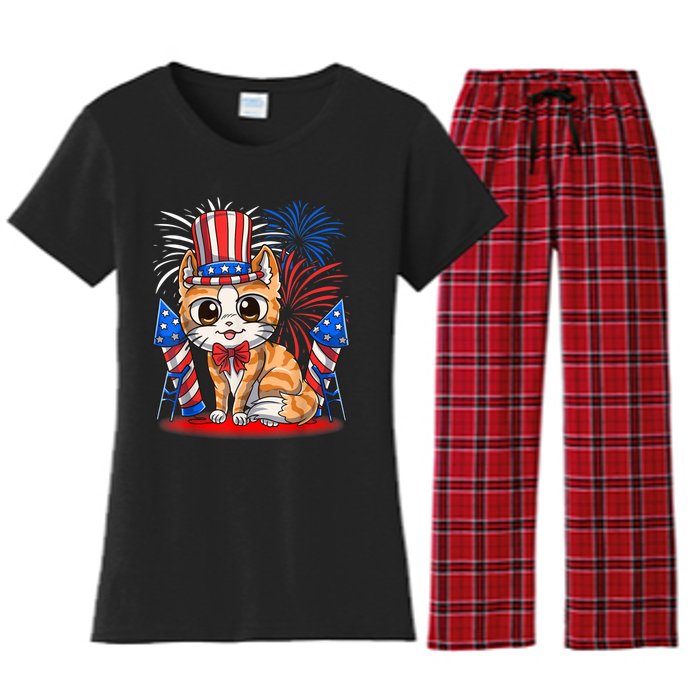 4th Of July Patriotic Cat Funny American Flag Meowica Cute Women's Flannel Pajama Set