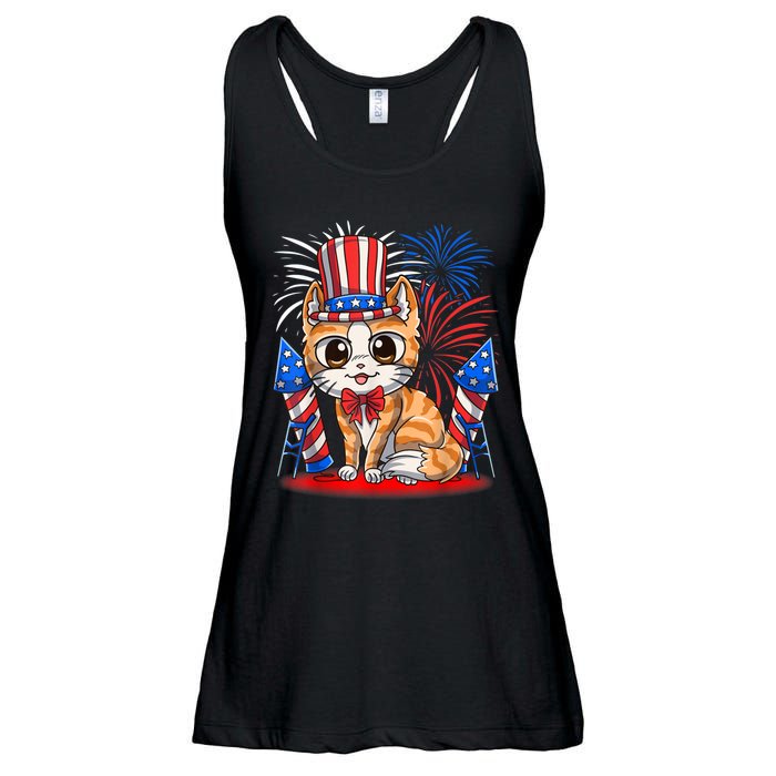 4th Of July Patriotic Cat Funny American Flag Meowica Cute Ladies Essential Flowy Tank