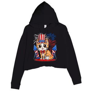 4th Of July Patriotic Cat Funny American Flag Meowica Cute Crop Fleece Hoodie