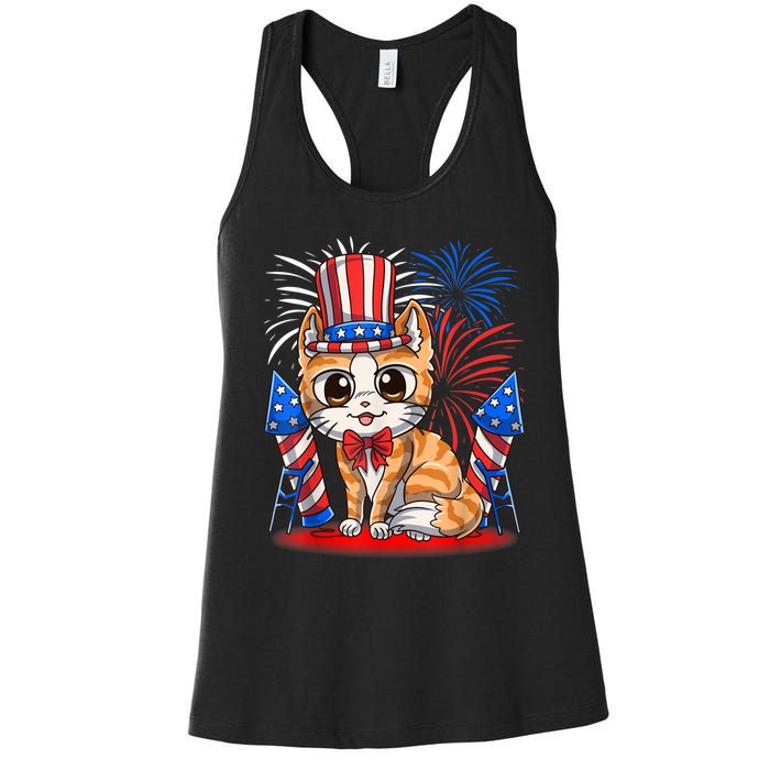 4th Of July Patriotic Cat Funny American Flag Meowica Cute Women's Racerback Tank