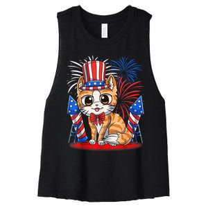 4th Of July Patriotic Cat Funny American Flag Meowica Cute Women's Racerback Cropped Tank