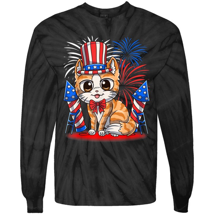 4th Of July Patriotic Cat Funny American Flag Meowica Cute Tie-Dye Long Sleeve Shirt