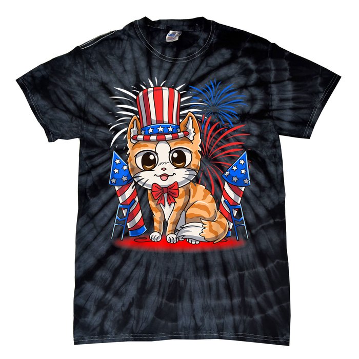 4th Of July Patriotic Cat Funny American Flag Meowica Cute Tie-Dye T-Shirt