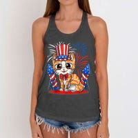 4th Of July Patriotic Cat Funny American Flag Meowica Cute Women's Knotted Racerback Tank