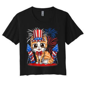 4th Of July Patriotic Cat Funny American Flag Meowica Cute Women's Crop Top Tee