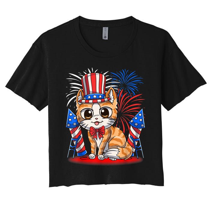 4th Of July Patriotic Cat Funny American Flag Meowica Cute Women's Crop Top Tee