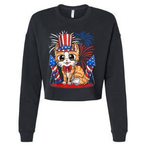 4th Of July Patriotic Cat Funny American Flag Meowica Cute Cropped Pullover Crew