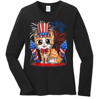 4th Of July Patriotic Cat Funny American Flag Meowica Cute Ladies Long Sleeve Shirt