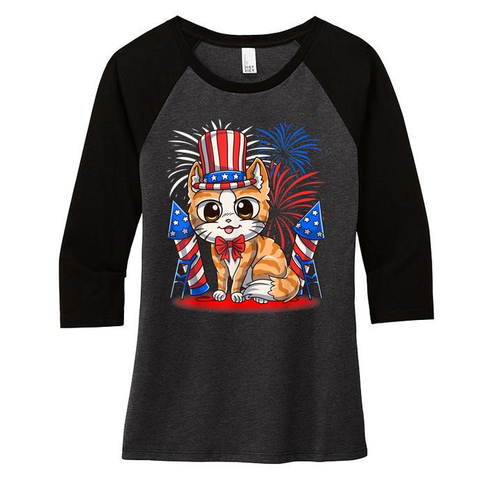 4th Of July Patriotic Cat Funny American Flag Meowica Cute Women's Tri-Blend 3/4-Sleeve Raglan Shirt