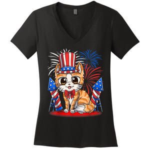 4th Of July Patriotic Cat Funny American Flag Meowica Cute Women's V-Neck T-Shirt