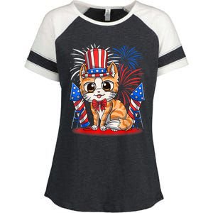 4th Of July Patriotic Cat Funny American Flag Meowica Cute Enza Ladies Jersey Colorblock Tee