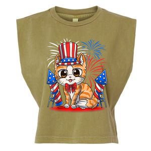 4th Of July Patriotic Cat Funny American Flag Meowica Cute Garment-Dyed Women's Muscle Tee