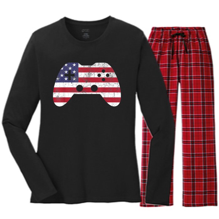 4th Of July Video Game Gamer Boy Men USA Women's Long Sleeve Flannel Pajama Set 