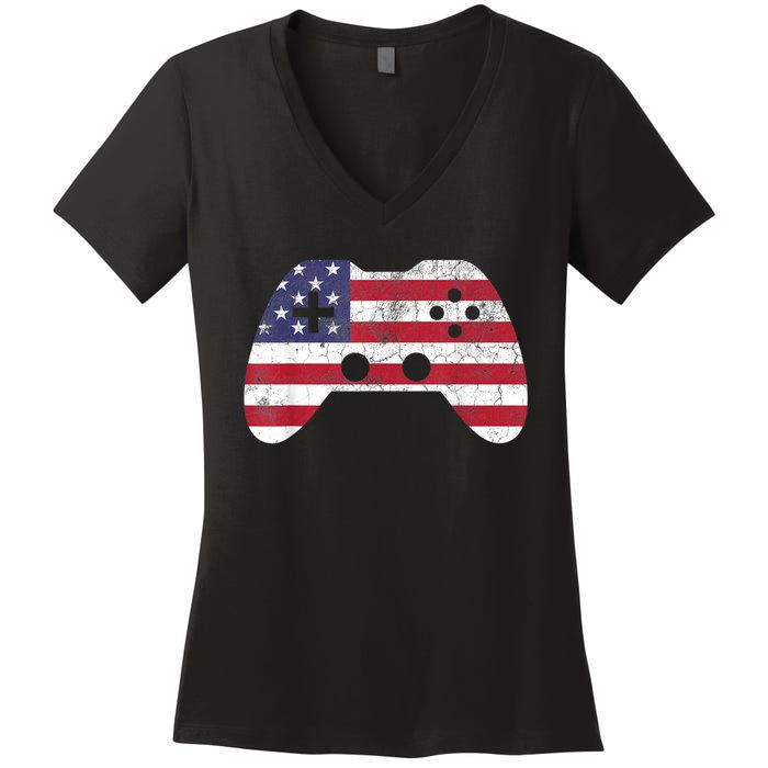 4th Of July Video Game Gamer Boy Men USA Women's V-Neck T-Shirt