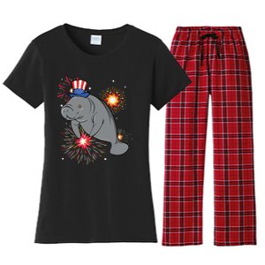 4th Of July Manatee Marine Biologist Patriotic Fireworks Women's Flannel Pajama Set