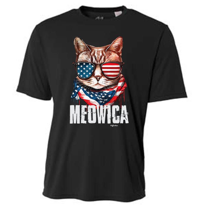 4th of July Meowica American Flag Cat Cooling Performance Crew T-Shirt