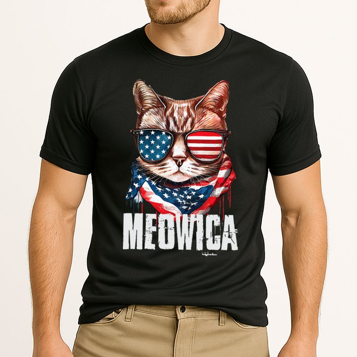 4th of July Meowica American Flag Cat Cooling Performance Crew T-Shirt