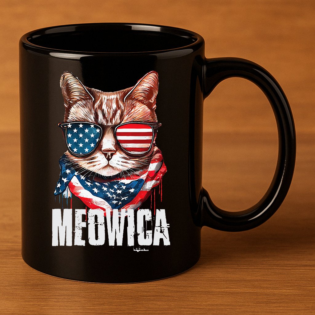 4th of July Meowica American Flag Cat 11oz C Handle Ceramic Mug