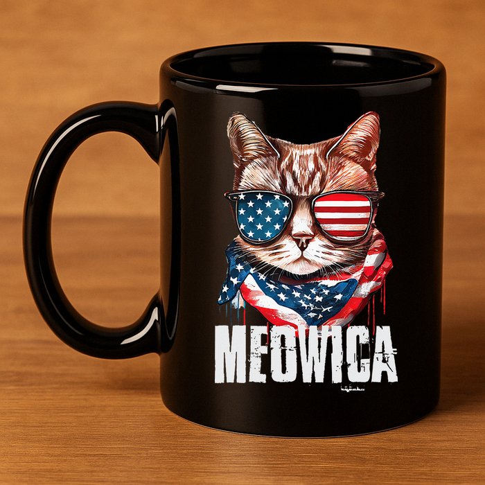 4th of July Meowica American Flag Cat 11oz C Handle Ceramic Mug