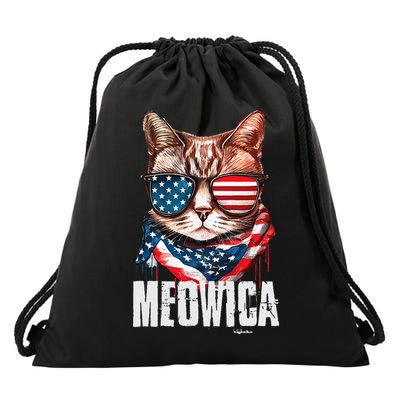 4th of July Meowica American Flag Cat Drawstring Bag